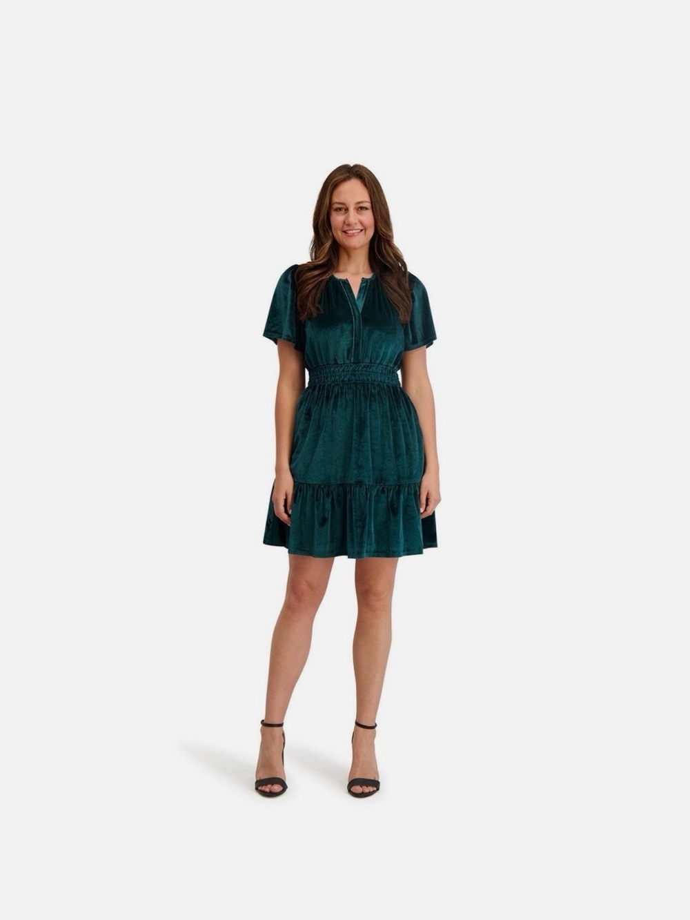 French Connection Emerald Velvet Smocked Waist Tiered Dress